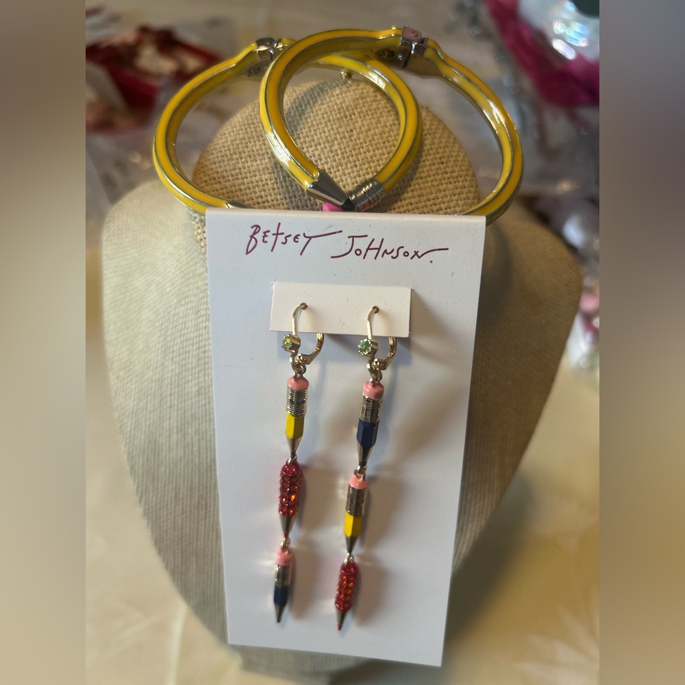 Betsey Johnson Yellow Bangles and Beaded Earrings Set 2 Pencil Bangles